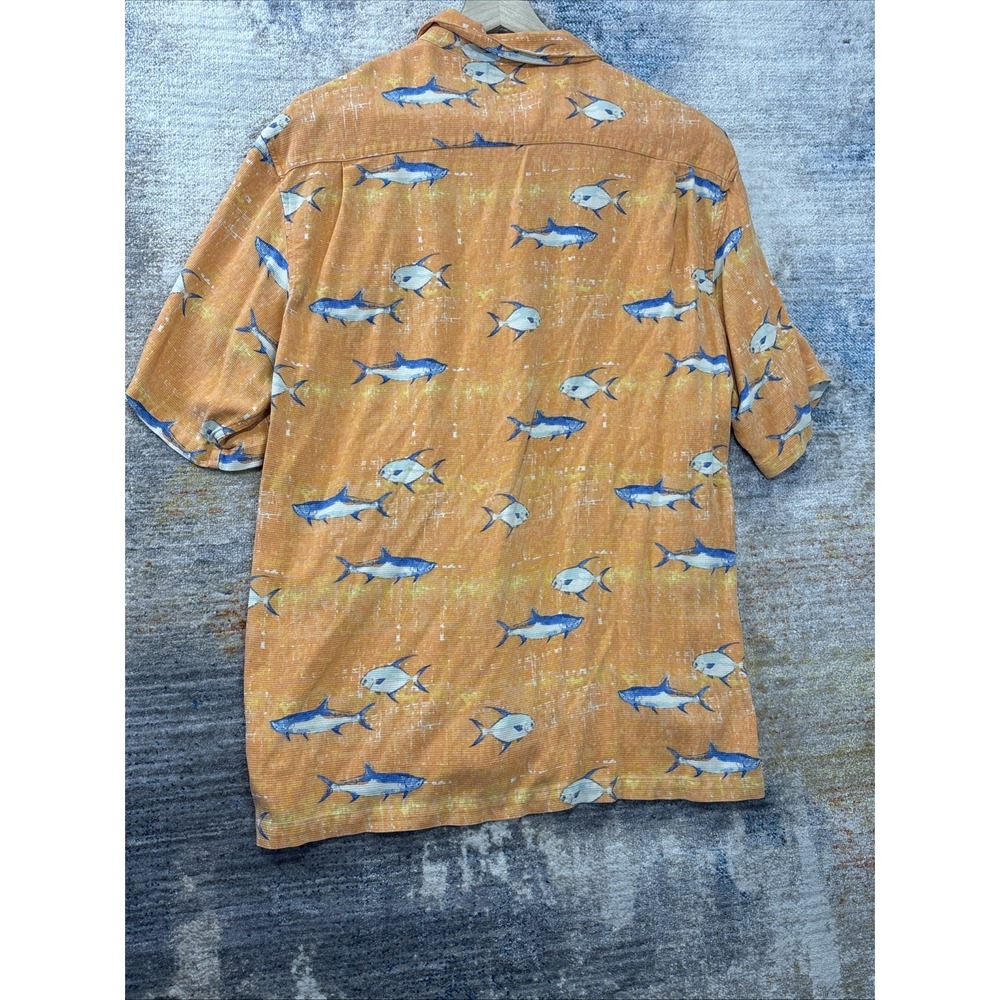 Men's Silk Nautical Fish Print Button Up Shirt Coastal Beach Orange Medium - Picture 6 of 8